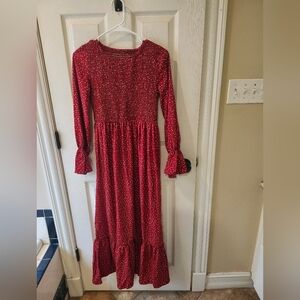 Red Dotted Smocked Long Sleeve Maxi Christmas Dress